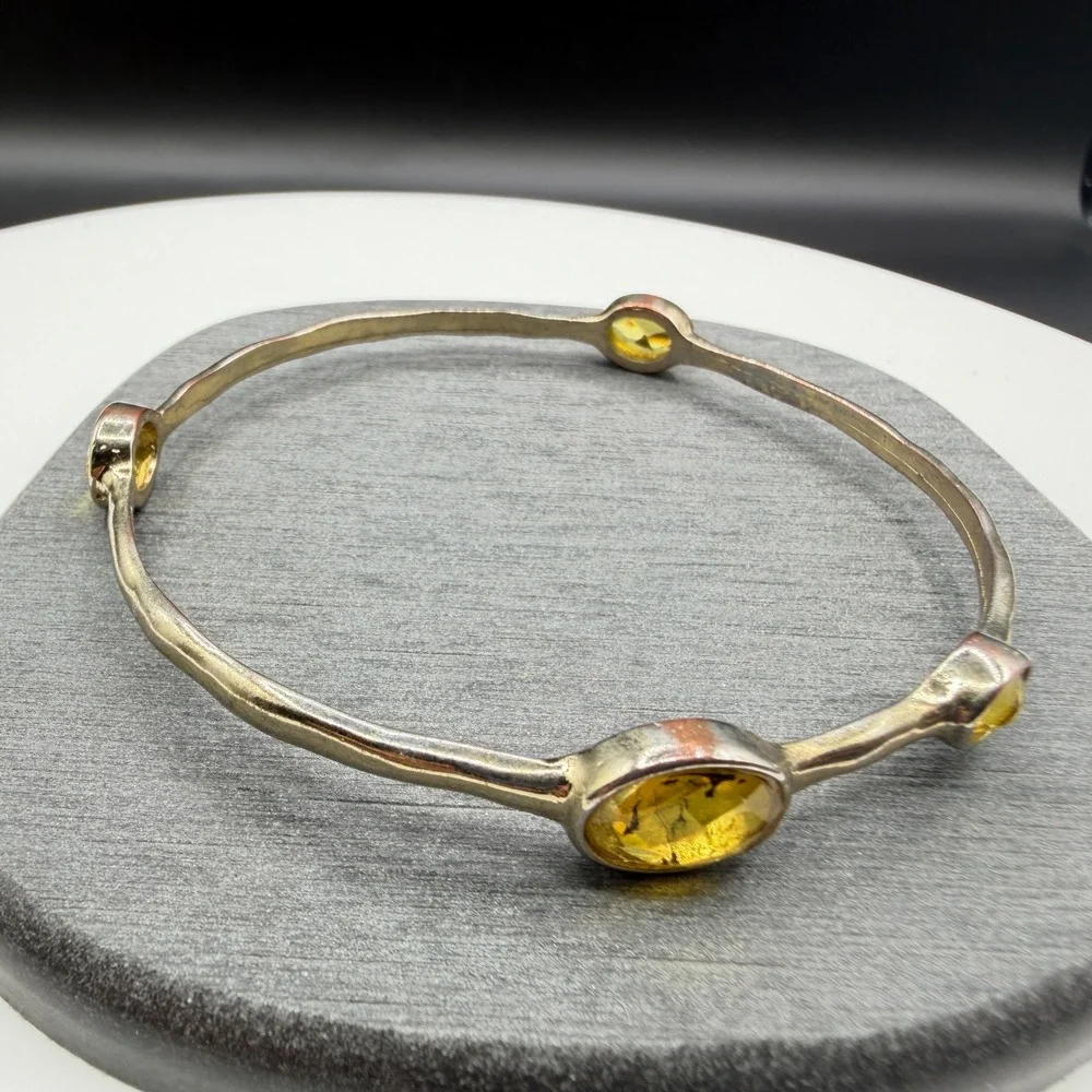 Yellow Crystal Silver Tone Bangle Bracelet Bezel Set Boho Statement Jewelry